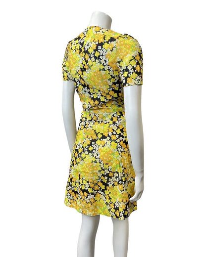 VINTAGE 60s 70s YELLOW BLACK WHITE DITSY DAISY FLORAL MOD SHORT DRESS 8 10