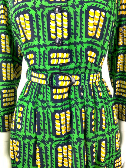 VTG 60s 70s GREEN BLUE YELLOW GEOMETRIC SQUARE PETER PAN COLLAR SHIRT DRESS 8 10