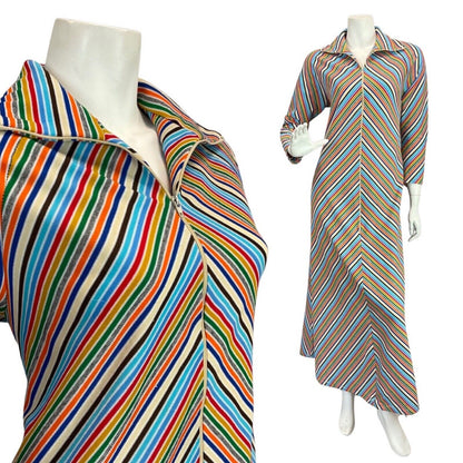 VINTAGE 70s BLUE WHITE RED GREEN STRIPED MOD ZIP-UP SHIRT MAXI DRESS 12 14