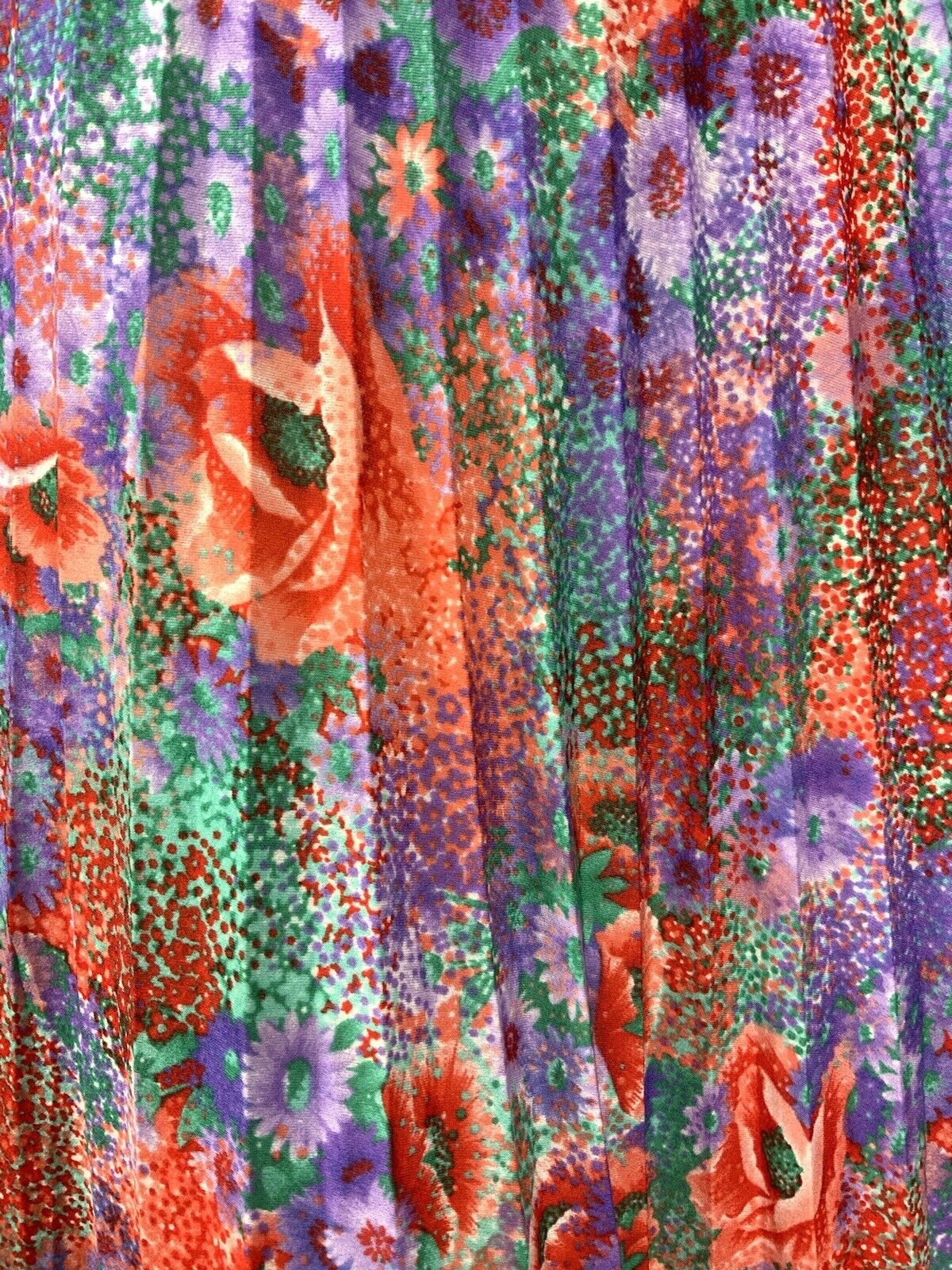 VINTAGE 60s 70s PURPLE RED GREEN FLORAL DITSY PLEATED BELTED DRESS 12 14