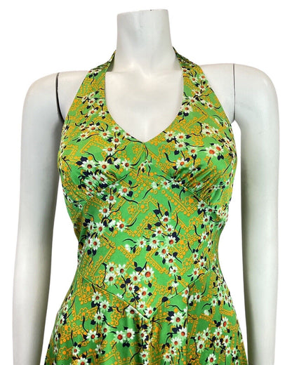 VINTAGE 60s 70s GREEN YELLOW BLUE FLORAL HAWAIIAN HALTER SUMMER SWING DRESS 8 10