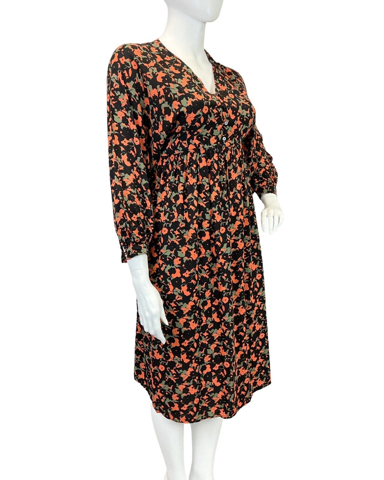 VINTAGE 60s 70s BLACK GREY ORANGE PSYCHEDELIC FLORAL LONGSLEEVE DRESS 16 18