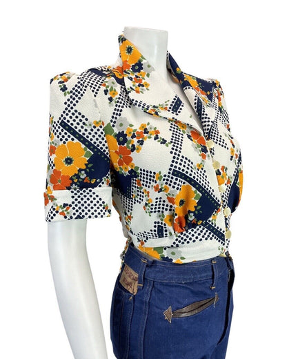 VINTAGE  70s WHITE BLUE ORANGE FLORAL POPPY PEPLUM SHIRT BLOUSE 12