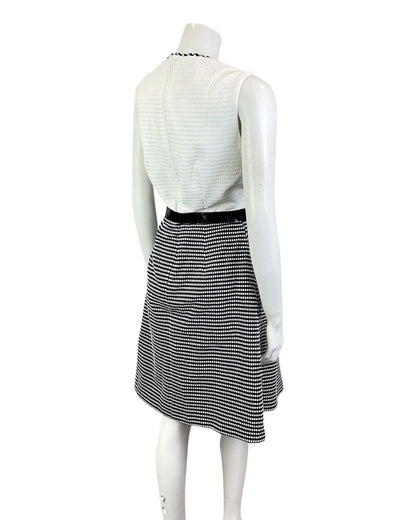 VINTAGE 60s 70s WHITE BLACK CHECKERBOARD BELTED MOD SLEEVELESS DRESS 12