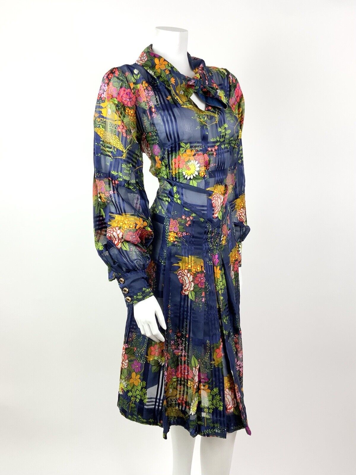 VTG 60s 70s BLUE PINK YELLOW GREEN FLORAL PLAID PUSSYBOW SHEER SHIRT DRESS 14 16