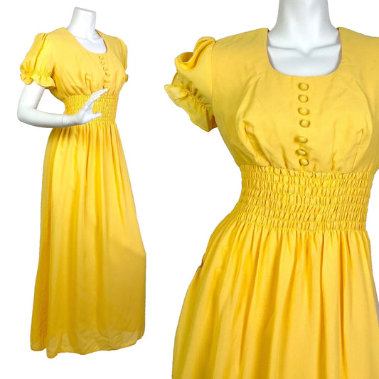 VINTAGE 60s 70s SUNSHINE YELLOW PUFF SLEEVE PRAIRIE BOHO MAXI DRESS 10 12