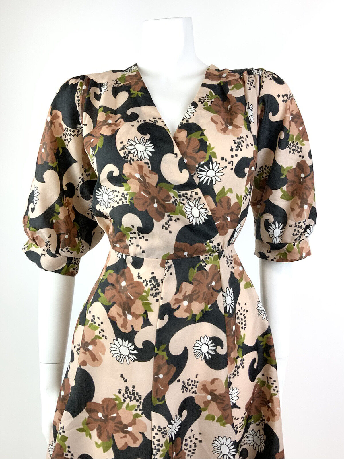 VTG 60s 70s CREAM BLACK BROWN GREEN PSYCHEDELIC FLORAL BLOUSON SWING DRESS 12