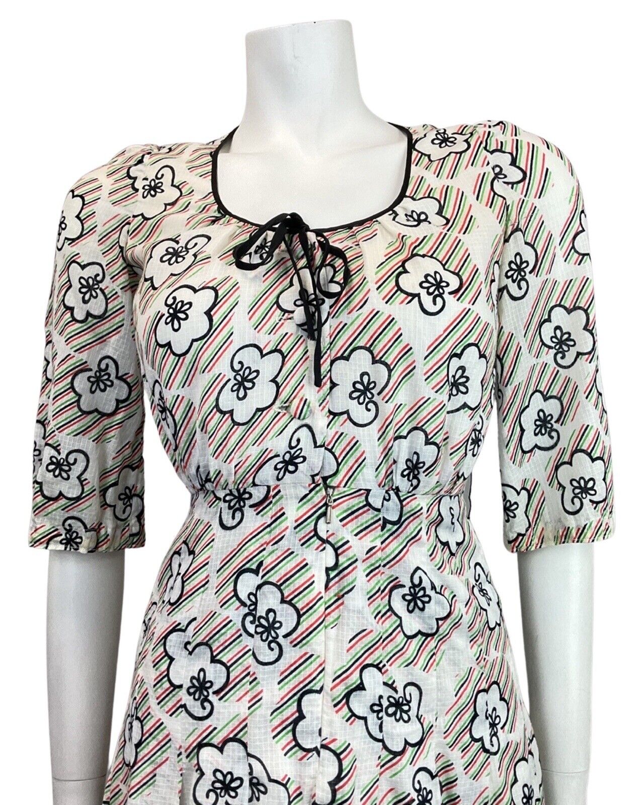 VINTAGE 60s 70s WHITE BLACK RED GREEN STRIPED FLORAL MOD SUMMER DRESS 6