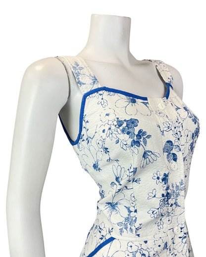 VINTAGE 60s 70s WHITE BLUE FLORAL PRAIRIE BOHO SUMMER APRON SUN DRESS 8