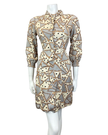 VINTAGE 60s 70s CREAM SILVER BROWN GLITTERY GEOMETRIC CHAIN MOD SHORT DRESS 10