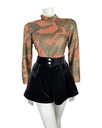 VINTAGE 60s 70s BROWN ORANGE GOLD PSYCHEDELIC TURTLENECK DISCO LUREX BLOUSE 12