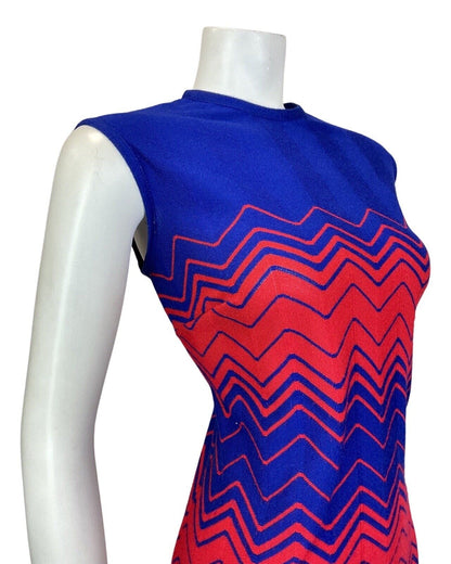 VINTAGE 60s 70s BLUE RED ZIG-ZAG GEOMETRIC SLEEVELESS MOD KNIT DRESS 12 14
