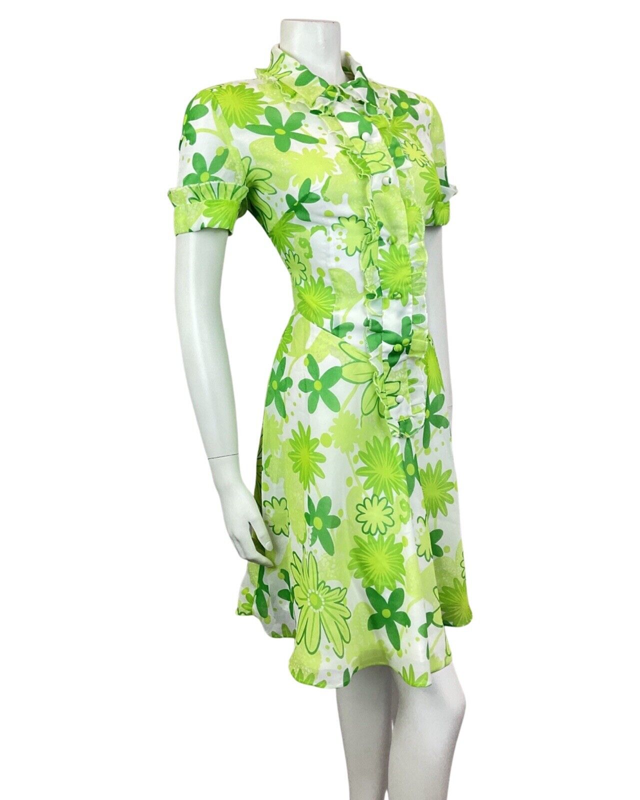 VINTAGE 60s 70s LIME FOREST APPLE GREEN FLORAL DAISY MOD SHIRT DRESS 10 12