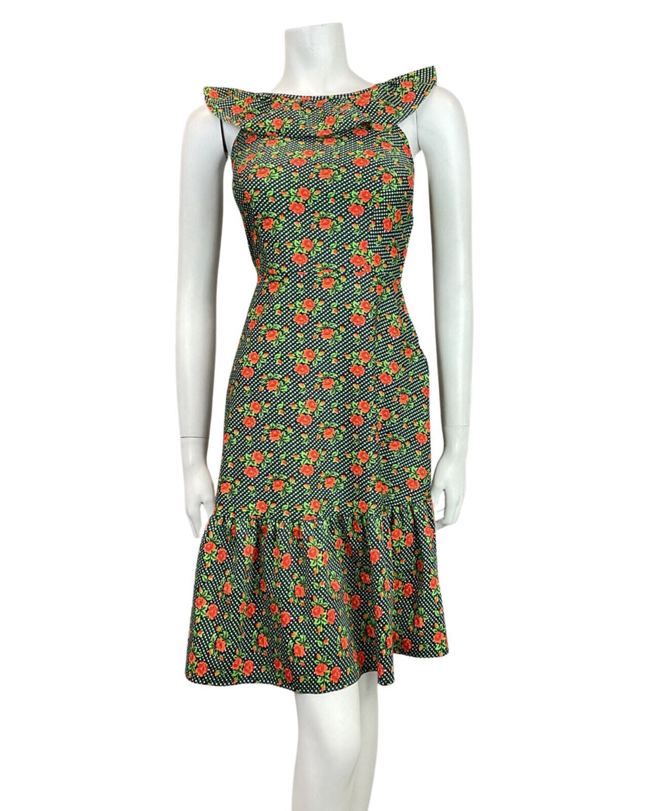 VINTAGE 60s 70s BLUE GREEN ORANGE POLKA-DOT FLORAL ROSE RUFFLE SUMMER DRESS 4
