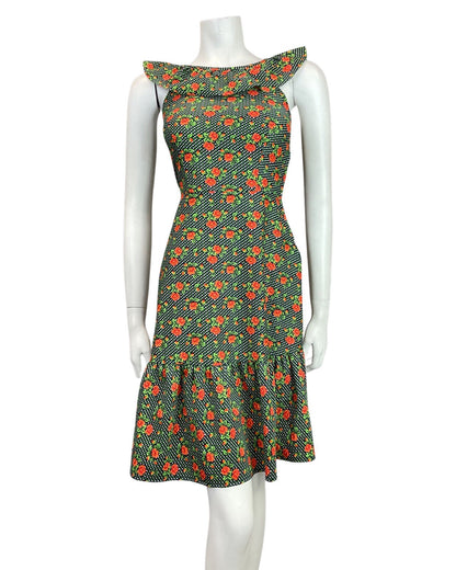 VINTAGE 60s 70s BLUE GREEN ORANGE POLKA-DOT FLORAL ROSE RUFFLE SUMMER DRESS 4