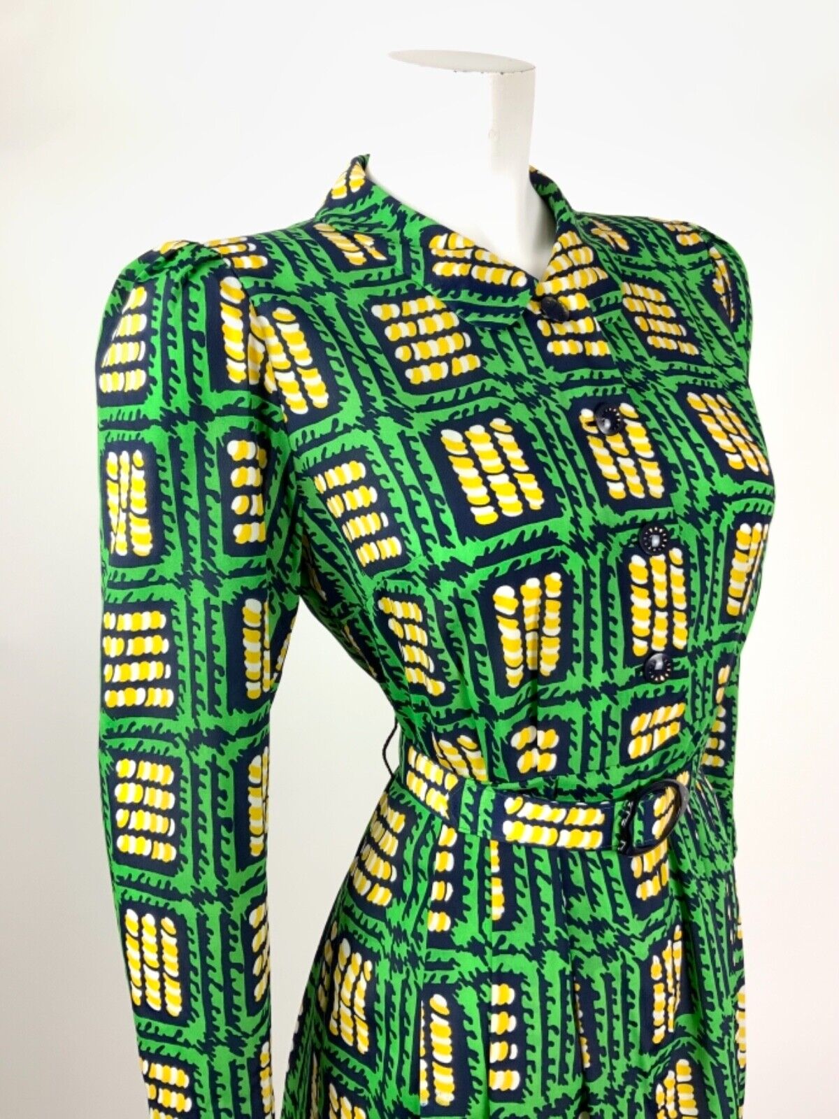 VTG 60s 70s GREEN BLUE YELLOW GEOMETRIC SQUARE PETER PAN COLLAR SHIRT DRESS 8 10