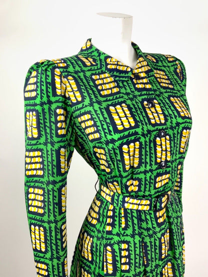 VTG 60s 70s GREEN BLUE YELLOW GEOMETRIC SQUARE PETER PAN COLLAR SHIRT DRESS 8 10