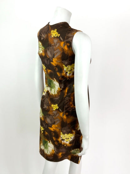 VINTAGE 60s 70s BROWN ORANGE YELLOW GREEN FLORAL PSYCHEDELIC SLEEVELESS DRESS 8