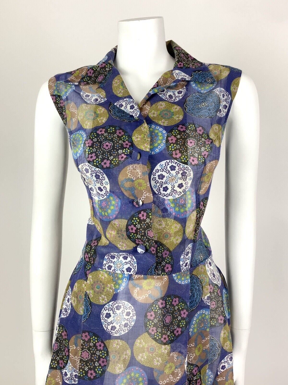 VINTAGE 60s 70s BLUE BLUE PINK GREEN DOTTY FLORAL MANDALA SHEER SUMMER DRESS 12