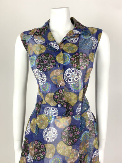VINTAGE 60s 70s BLUE BLUE PINK GREEN DOTTY FLORAL MANDALA SHEER SUMMER DRESS 12