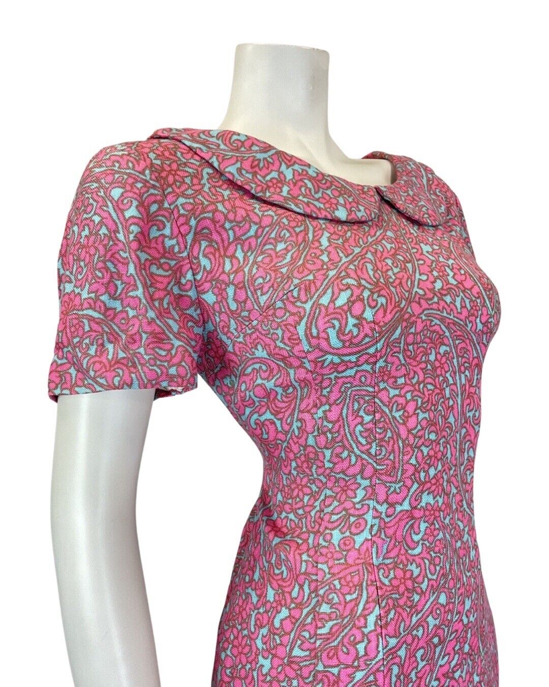 VINTAGE 60s 70s PINK BLUE PSYCHEDELIC ACANTHUS FLORAL PETER PAN COLLAR DRESS 10