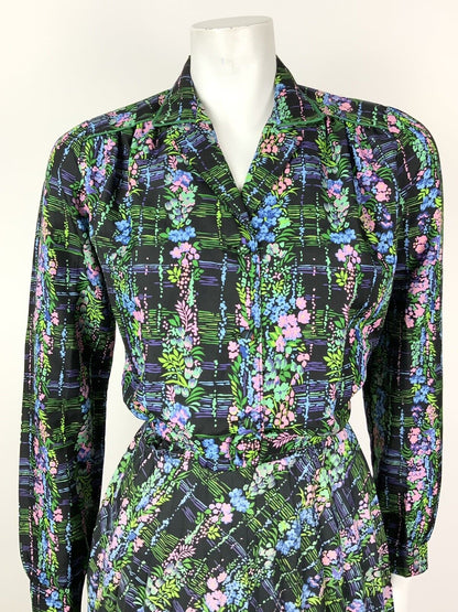 VTG 60s 70s BLACK BLUE PINK GREEN FLORAL PSYCHEDELIC PLEATED SHIRT DRESS 10 12