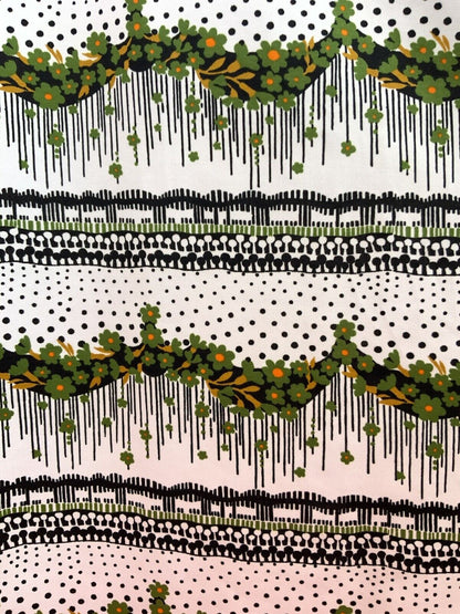 VINTAGE 60s 70s WHITE GREEN BLACK FLORAL DOTTY STRIPED PSYCHEDELIC MAXI DRESS 12