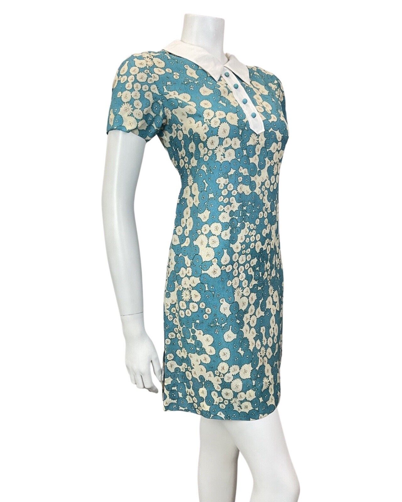 VINTAGE 60s 70s BLUE CREAM FLORAL ABSTRACT DITSY MOD SHORT SHIRT DRESS 10