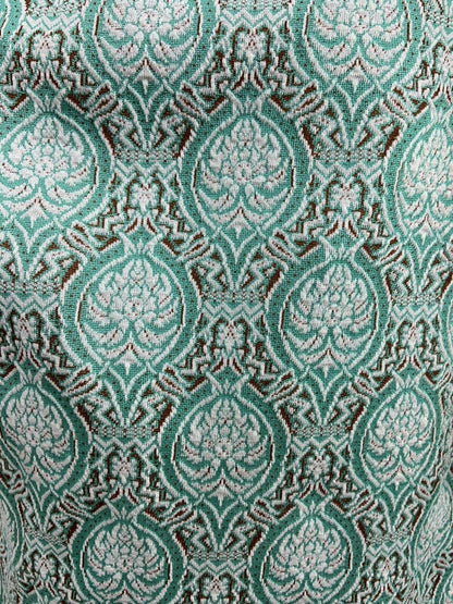 VTG 60s 70s MINT GREEN WHITE BROWN DAMASK ART NOUVEAU FLORAL COLLAR DRESS 12 14