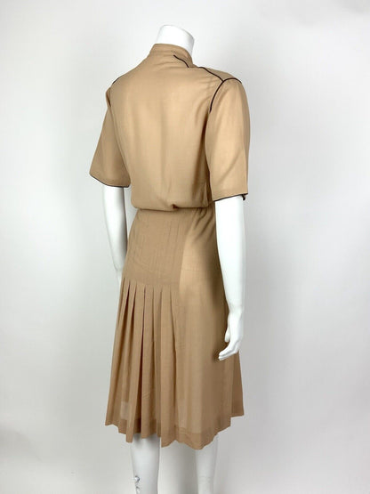 VINTAGE 70s 80s CAMEL BROWN MANDARIN COLLAR PLEATED SUMMER SHIRT DRESS 10