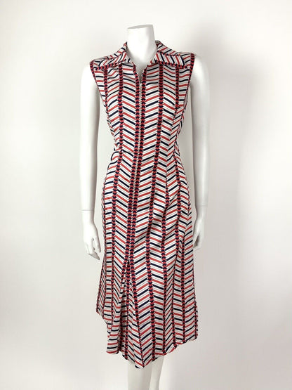 VINTAGE 60s 70s WHITE RED BLUE ZIG-ZAG GEOMETRIC DAGGER SHIRT MOD DRESS 12 14