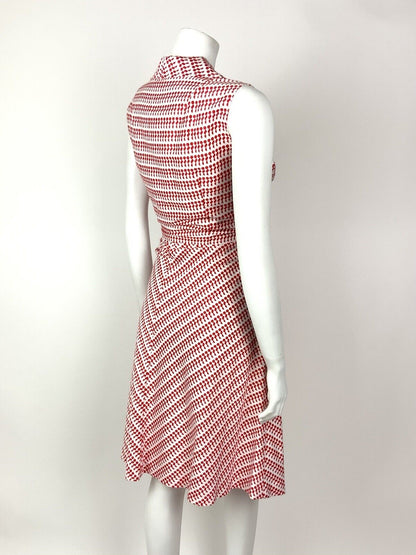 VINTAGE 60s 70s RED WHITE DOTTY GEOMETRIC SLEEVELESS SHIRT DRESS 12 14