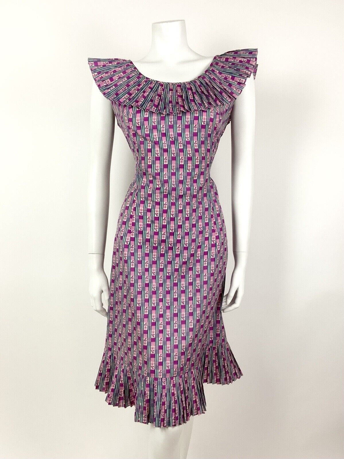 VINTAGE 60s 70s PINK PURPLE WHITE BLUE STRIPED FLORAL DAISY RUFFLE DRESS 12 14