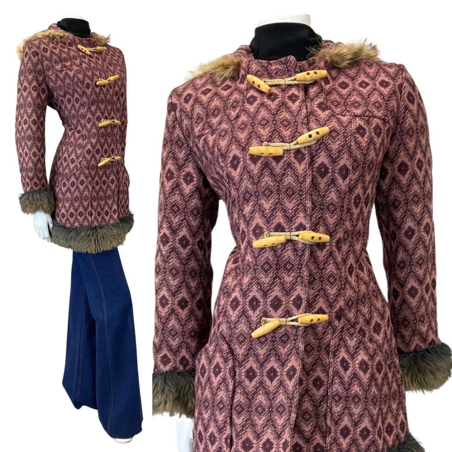 VINTAGE 60s 70s PURPLE PINK IKAT GEOMETRIC TOGGLE HOODED MOD WOOL COAT 14 16