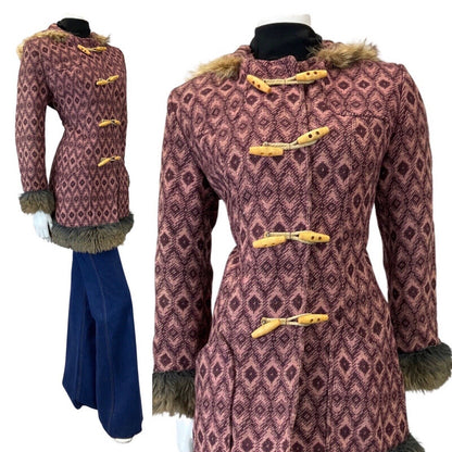 VINTAGE 60s 70s PURPLE PINK IKAT GEOMETRIC TOGGLE HOODED MOD WOOL COAT 14 16