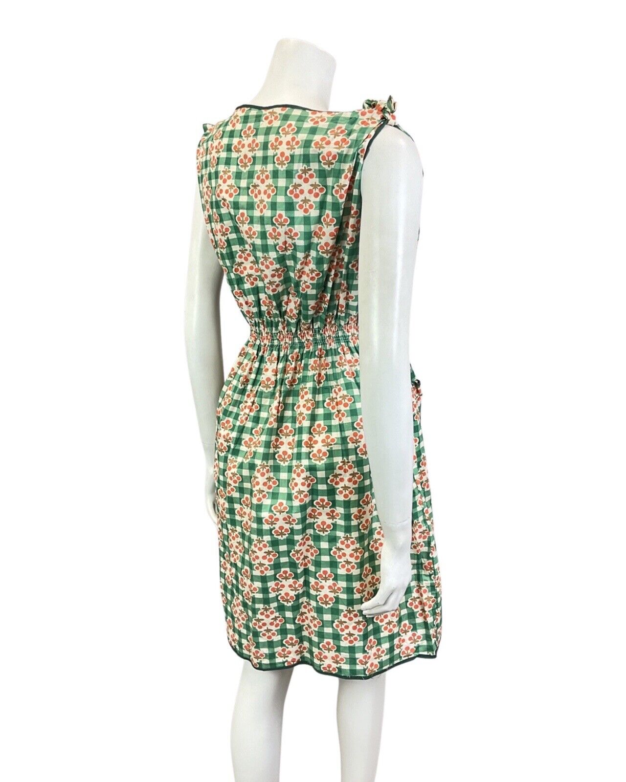 VINTAGE 60s 90s GREEN WHITE ORANGE GINGHAM CHECKED BERRY MOD SUMMER DRESS 10