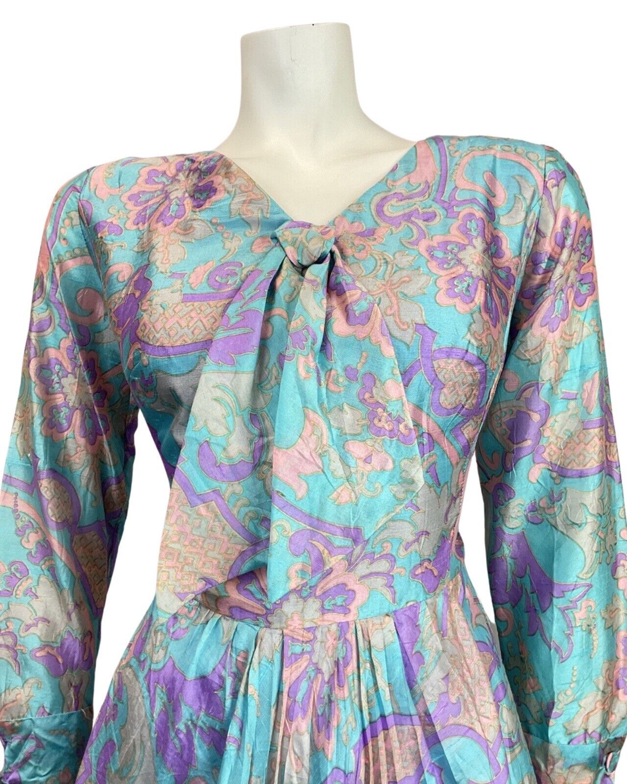 VINTAGE 60s 70s BLUE PURPLE GREY PSYCHEDELIC FLORAL SILK BOW SWING DRESS 12 14