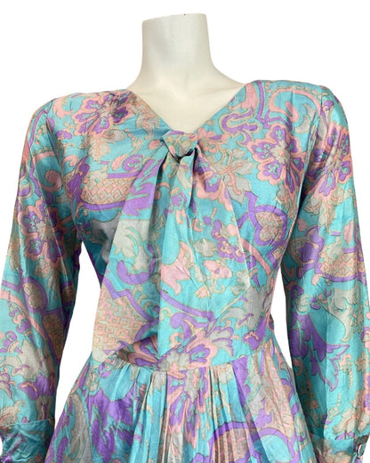 VINTAGE 60s 70s BLUE PURPLE GREY PSYCHEDELIC FLORAL SILK BOW SWING DRESS 12 14