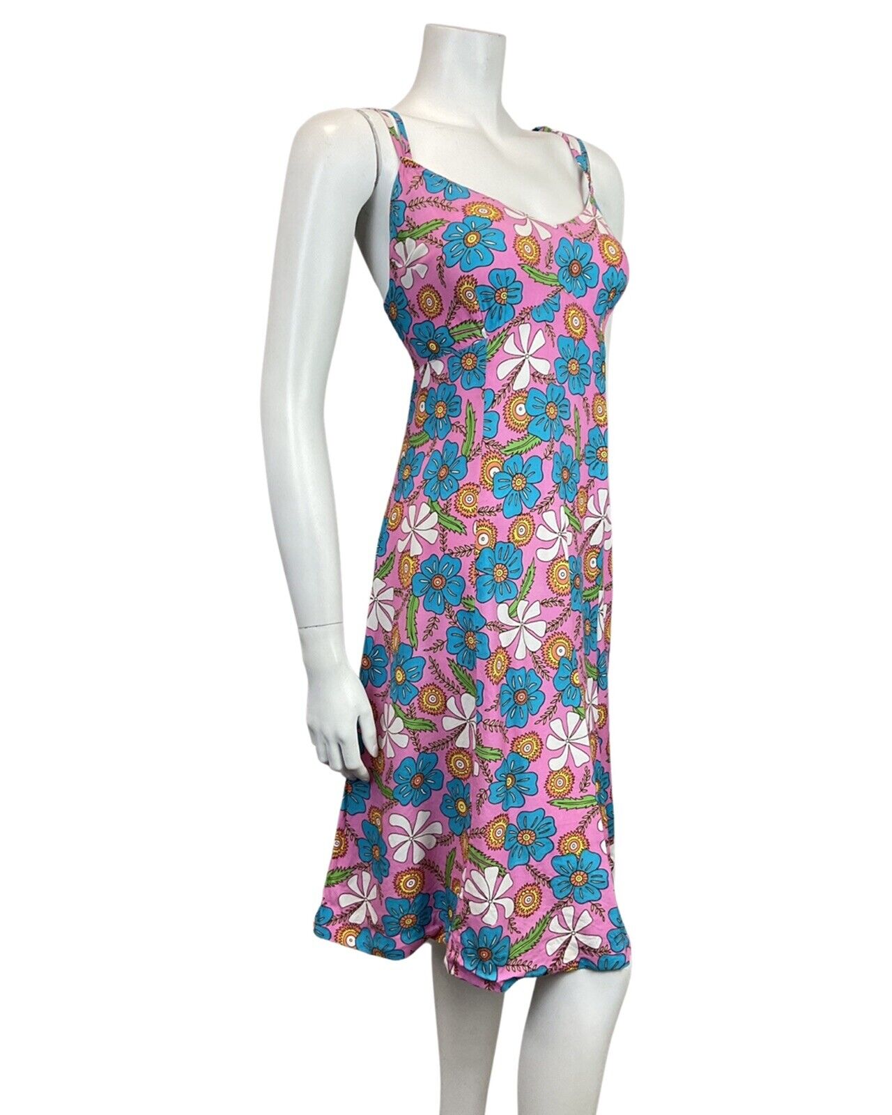 VINTAGE 60s 70s PINK BLUE WHITE HAWAIIAN FLORAL STRAPPY SUN DRESS 12 14