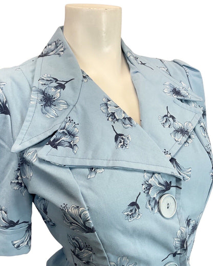 VINTAGE 70s DOES 40S BLUE NAVY FLORAL BELTED MOD BLOUSE TOP 10
