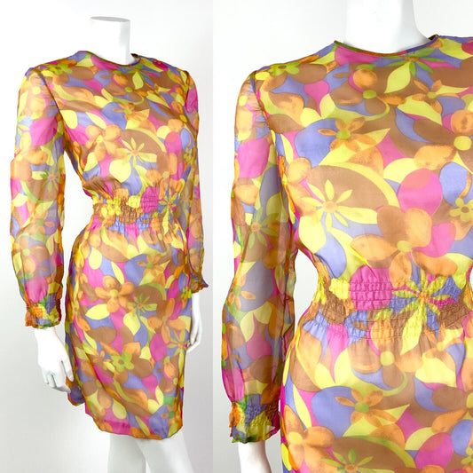 VINTAGE 60s 70s YELLOW PINK PURPLE PSYCHEDELIC FLORAL SHEER MOD DRESS 12 14