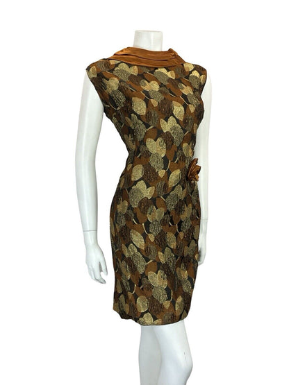 VTG 60S COPPER GOLD BLACK SATIN LEAF BROCADE PLUNGING BACK PARTY DRESS 12 14 M