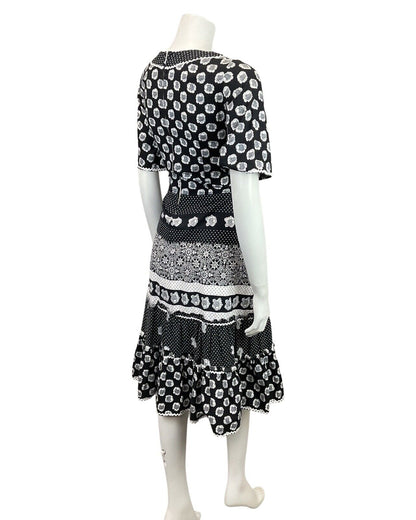 VINTAGE 60s 70s BLACK WHITE FLORAL POLKA-DOT RICRAC MOD RUFFLE DRESS 10