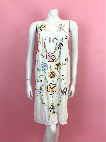 VINTAGE 60s 70s WHITE RED BLUE YELLOW FLORAL EMBROIDERED BOHO YOKE DRESS 8 10