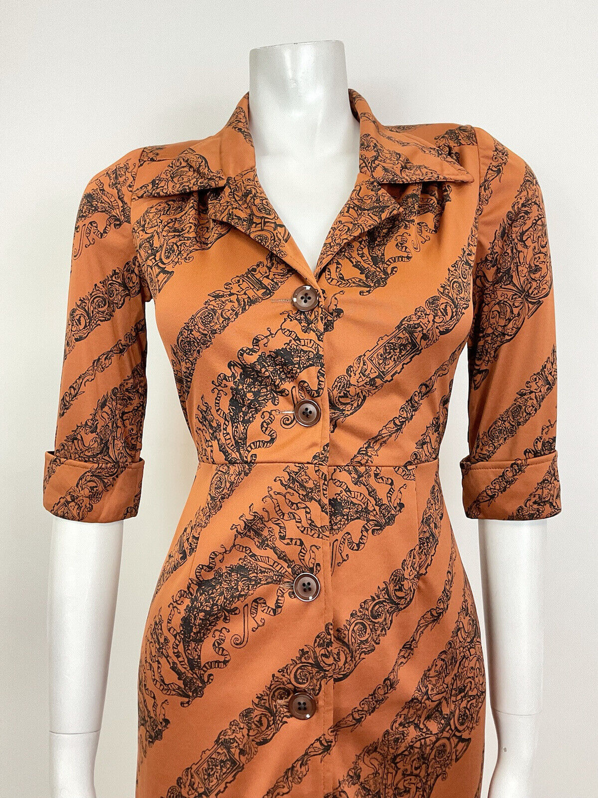 VTG 60s 70s BRONZE ORANGE BLACK ELEGANT FLORAL ACANTHUS CHERUB SHIRT DRESS 8