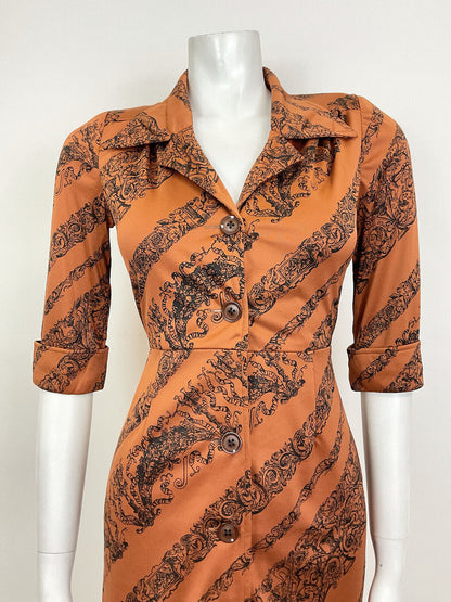 VTG 60s 70s BRONZE ORANGE BLACK ELEGANT FLORAL ACANTHUS CHERUB SHIRT DRESS 8