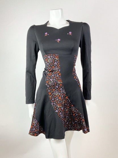VINTAGE 60s 70s BLACK ORANGE PURPLE FLORAL EMBROIDERED MOD SKATER DRESS 10 12