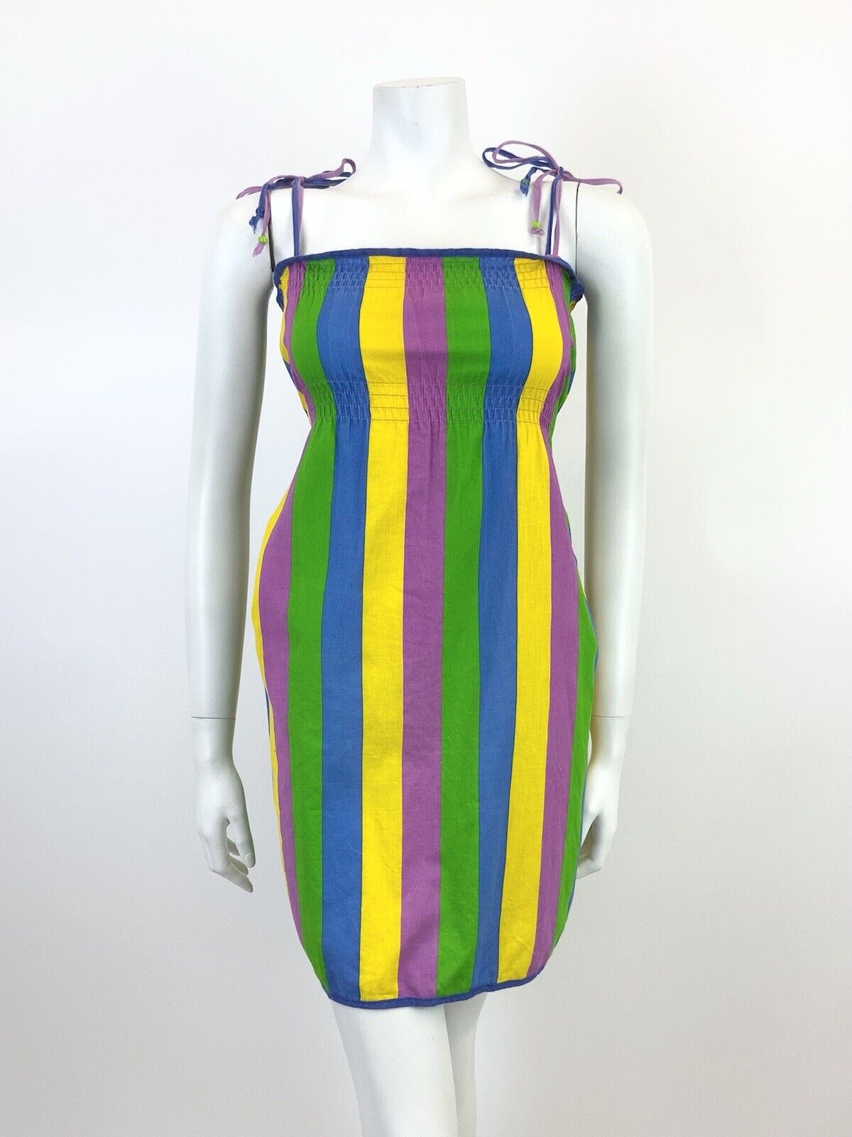 VINTAGE 70s 80s GREEN BLUE YELLOW PURPLE STRIPED STRAPPY SUMMER DRESS 10 12