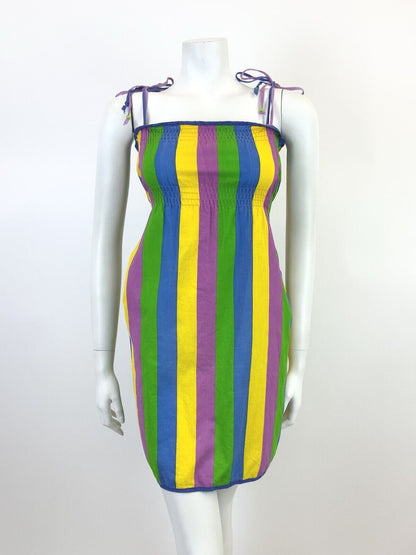 VINTAGE 70s 80s GREEN BLUE YELLOW PURPLE STRIPED STRAPPY SUMMER DRESS 10 12