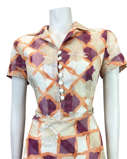 VINTAGE 60s 70s WHITE PURPLE ORANGE CHECKED FLORAL DAGGER SHIRT DRESS 10 12